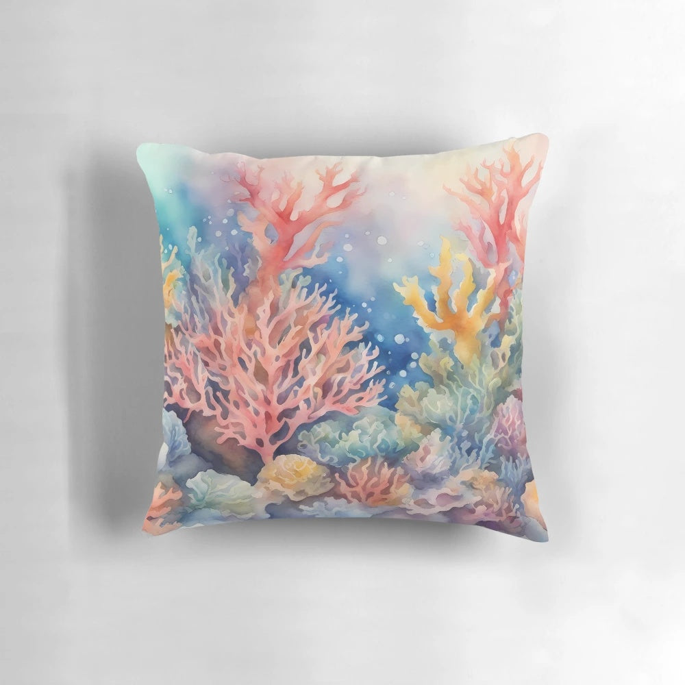 Beautifully detailed underwater coral reef design on a plush, decorative pillow