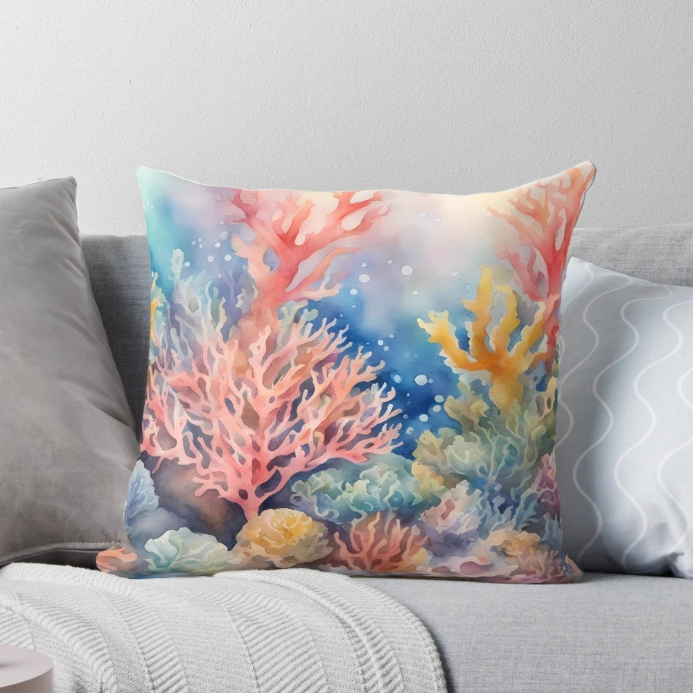 Beautifully detailed underwater coral reef design on a plush, decorative pillow
