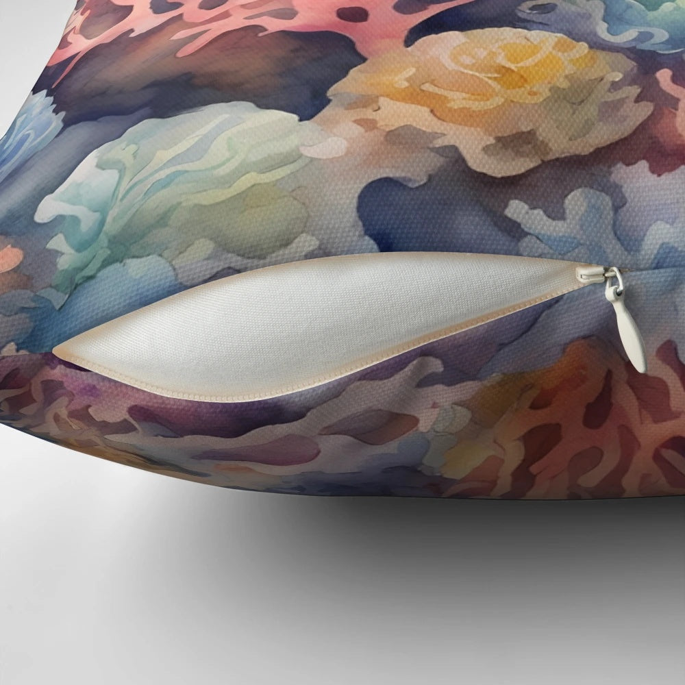 Beautifully detailed underwater coral reef design on a plush, decorative pillow