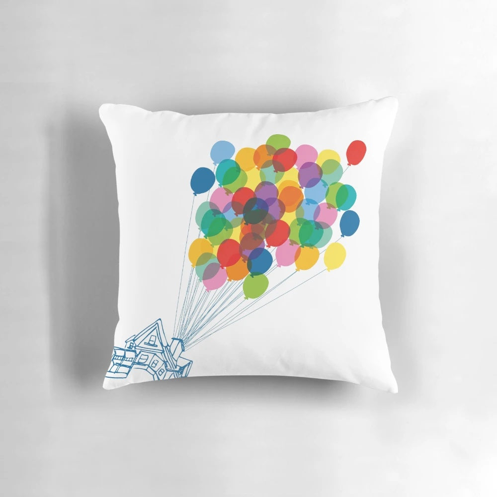 Colorful hot air balloon and floating house design pillow inspired by the Disney Pixar film Up