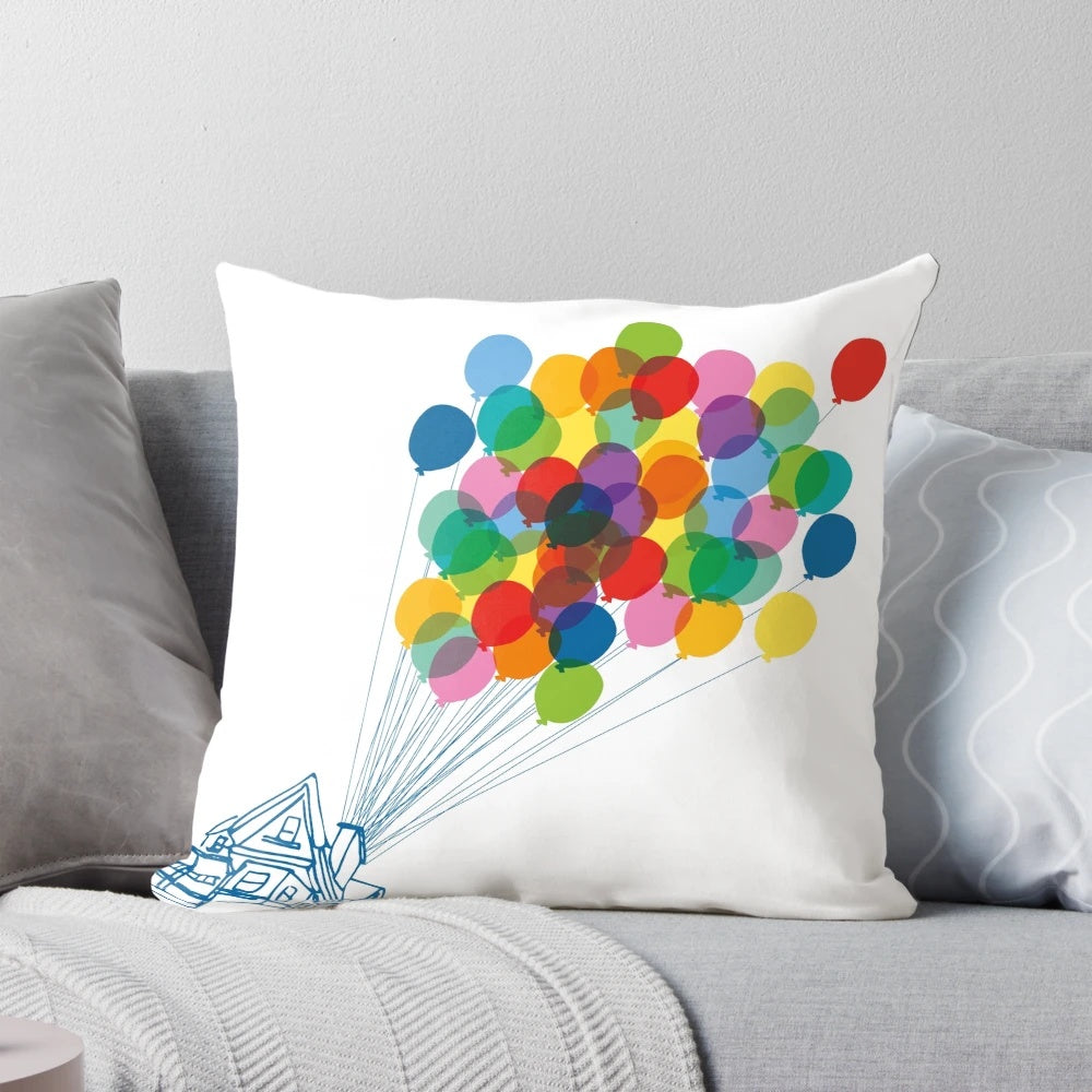 Colorful hot air balloon and floating house design pillow inspired by the Disney Pixar film Up