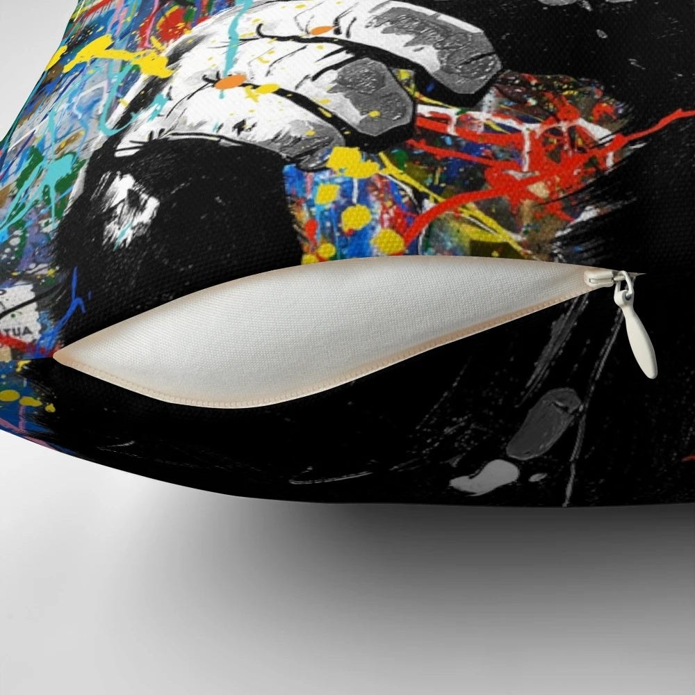 Colorful pop art-inspired urban contemporary pillow featuring a playful monkey thinker or DJ chimp character