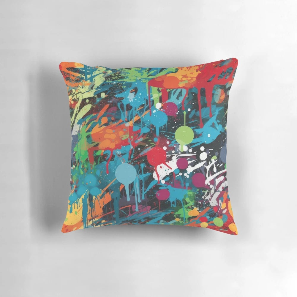 Colorful urban graffiti street art seamless pattern printed on a decorative throw pillow