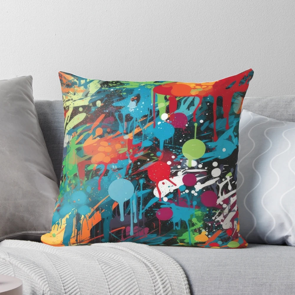 Colorful urban graffiti street art seamless pattern printed on a decorative throw pillow