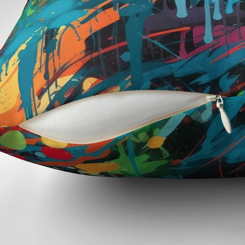 Colorful urban graffiti street art seamless pattern printed on a decorative throw pillow