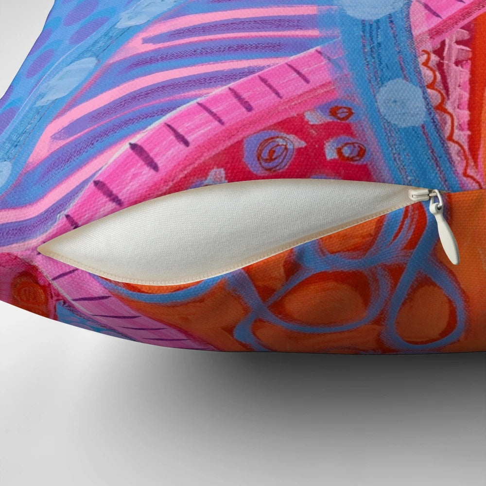 Vibrant, colorful square pillow with abstract urban design