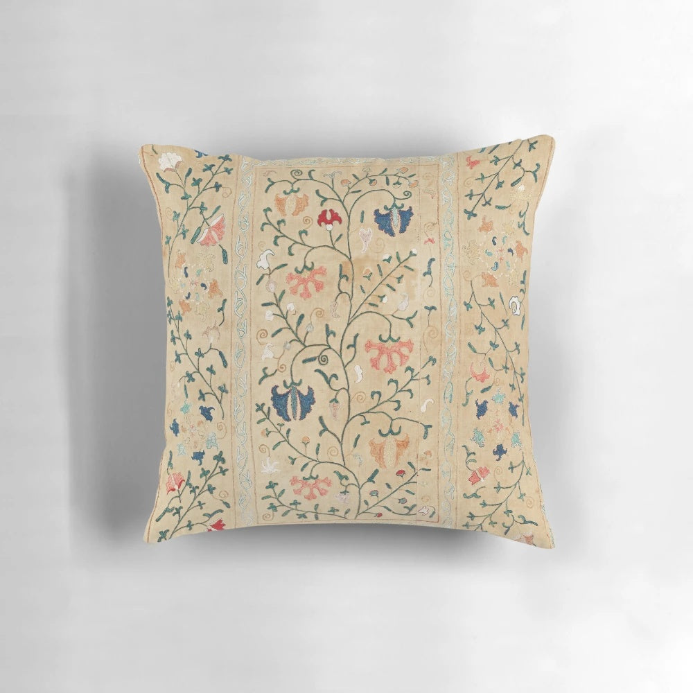Vibrant Uzbekistan-inspired suzani nim embroidery print pillow with geometric and tribal patterns