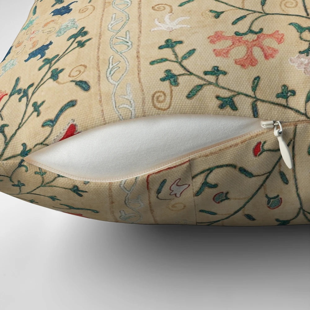 Vibrant Uzbekistan-inspired suzani nim embroidery print pillow with geometric and tribal patterns