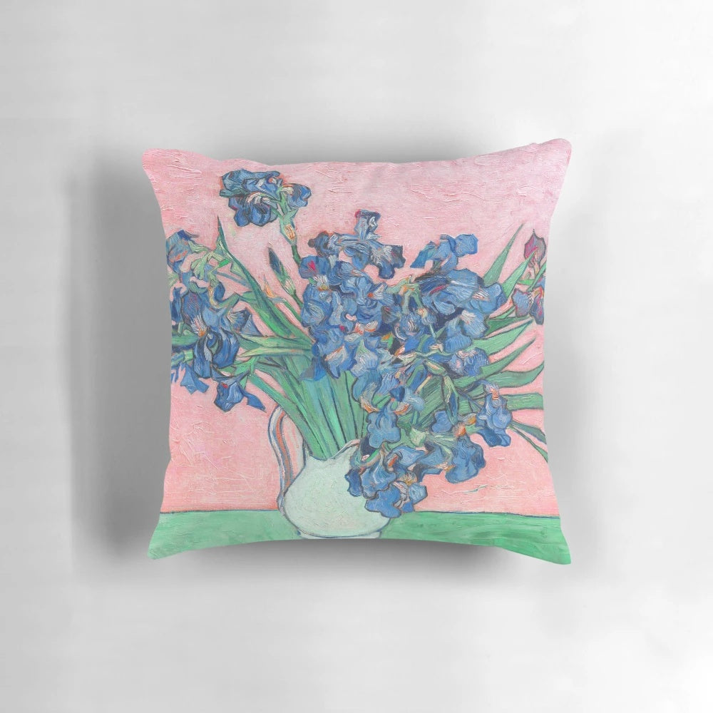 Soft, plush pillow featuring the iconic Van Gogh painting of irises in a vase against a pink background.