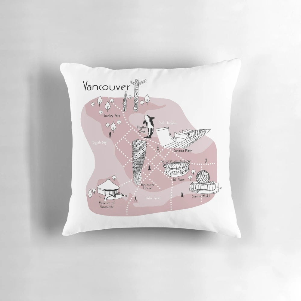 Vibrant pink pillow featuring a hand-drawn sketch of the Vancouver city map