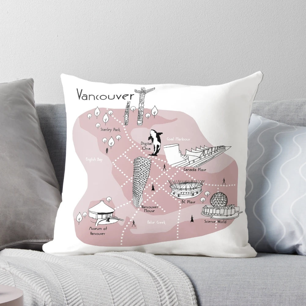 Vibrant pink pillow featuring a hand-drawn sketch of the Vancouver city map