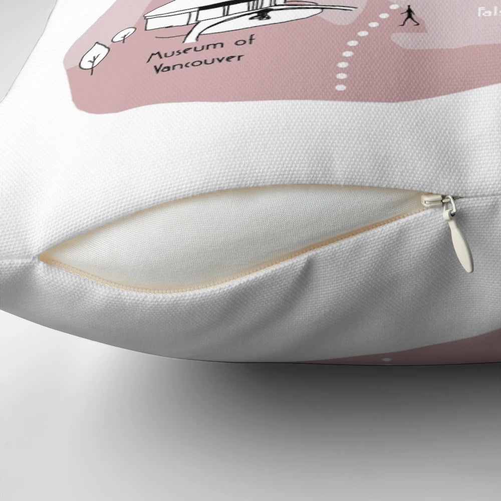 Vibrant pink pillow featuring a hand-drawn sketch of the Vancouver city map