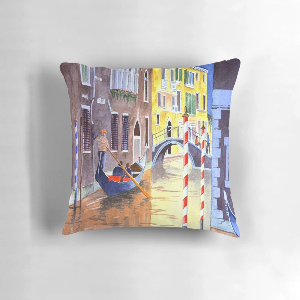 Colorful poster pillow depicting a picturesque evening scene in Venice, Italy, featuring gondolas on the famous side canals.