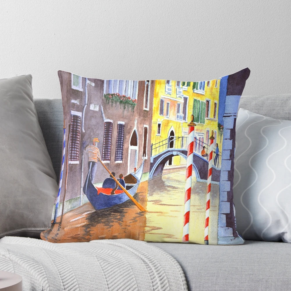 Colorful poster pillow depicting a picturesque evening scene in Venice, Italy, featuring gondolas on the famous side canals.