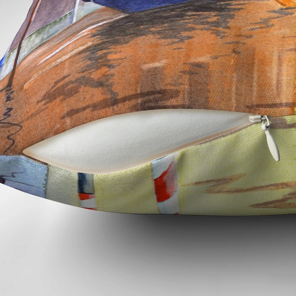 Colorful poster pillow depicting a picturesque evening scene in Venice, Italy, featuring gondolas on the famous side canals.