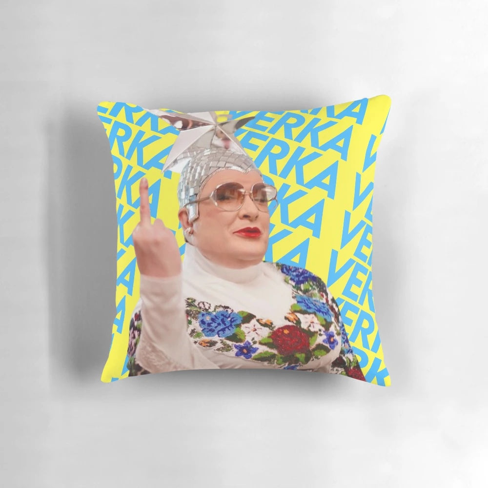 Colorful Verka Serduchka-themed decorative pillow with Ukrainian flag and dancing motif