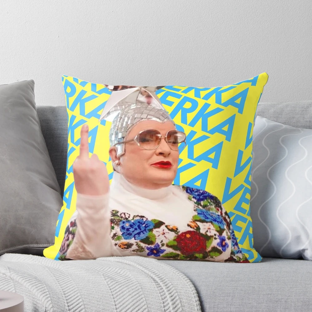 Colorful Verka Serduchka-themed decorative pillow with Ukrainian flag and dancing motif