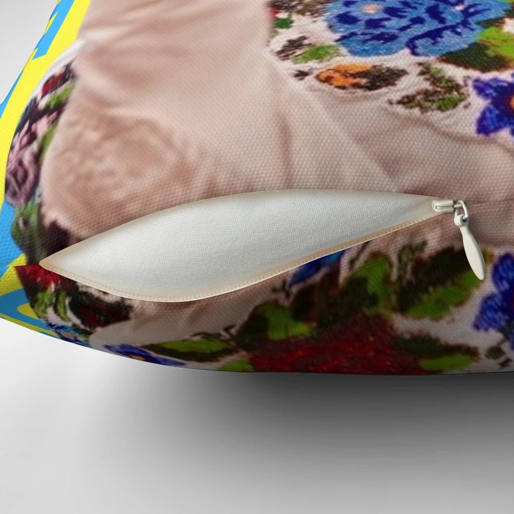 Colorful Verka Serduchka-themed decorative pillow with Ukrainian flag and dancing motif