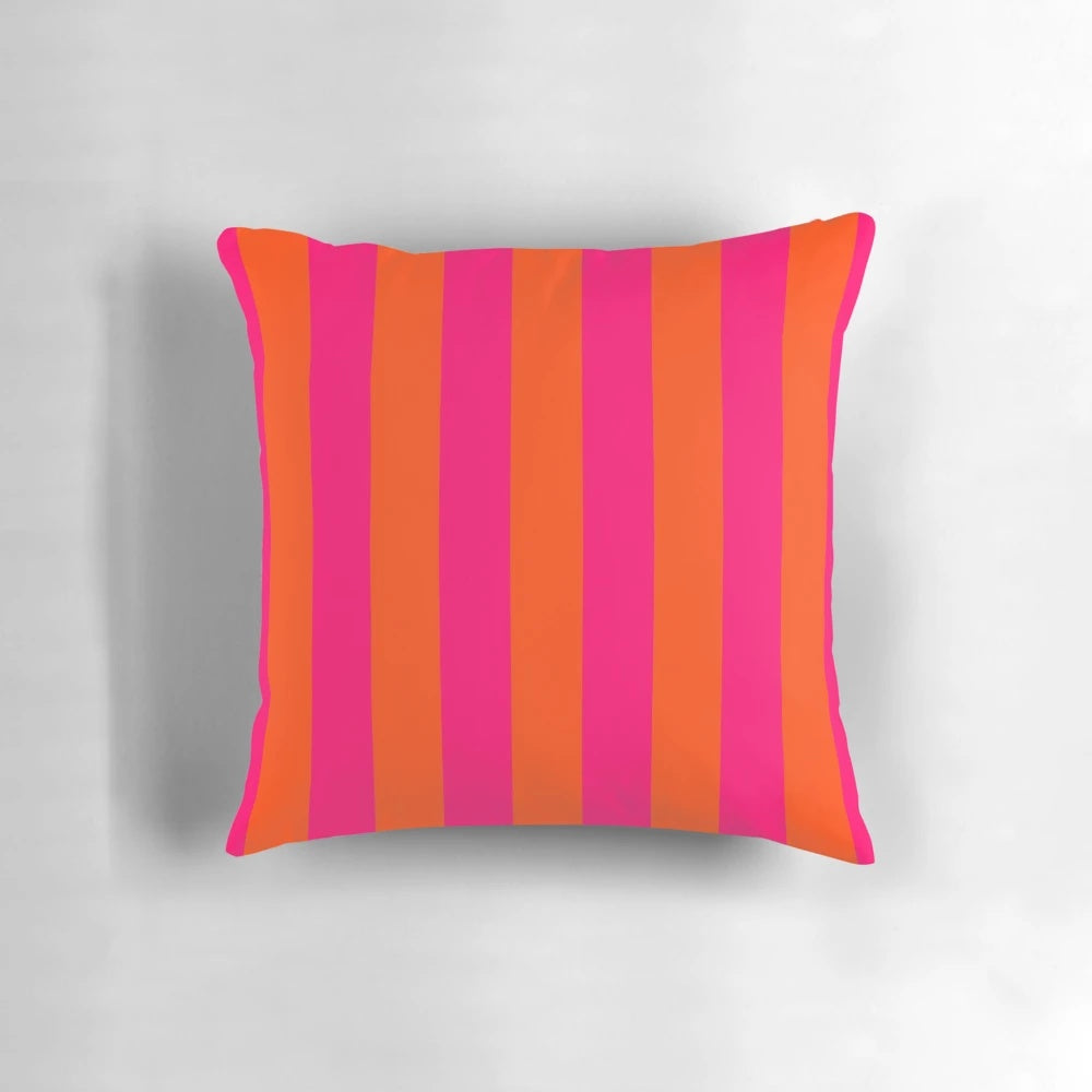 Bright neon pink and orange vertical stripes decorative pillow
