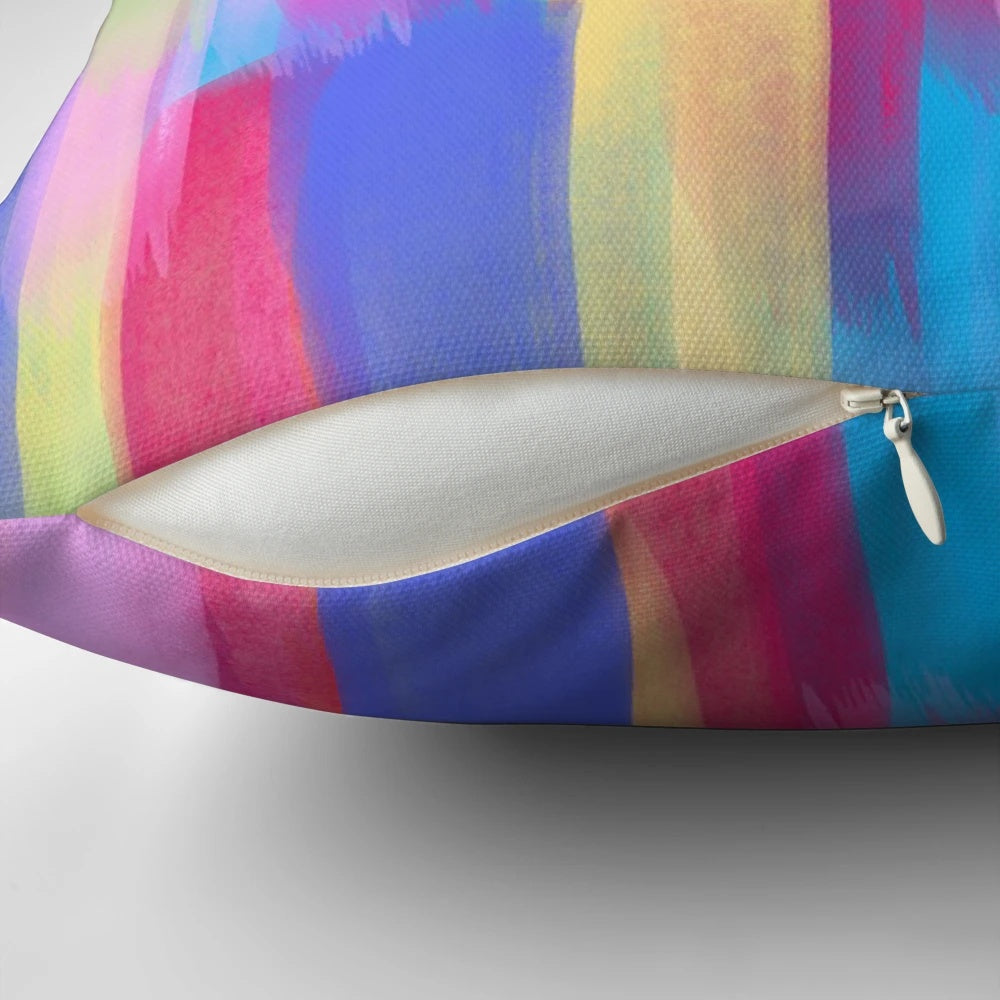 A vibrant vertical watercolor abstract accent pillow featuring bold, colorful brushstrokes