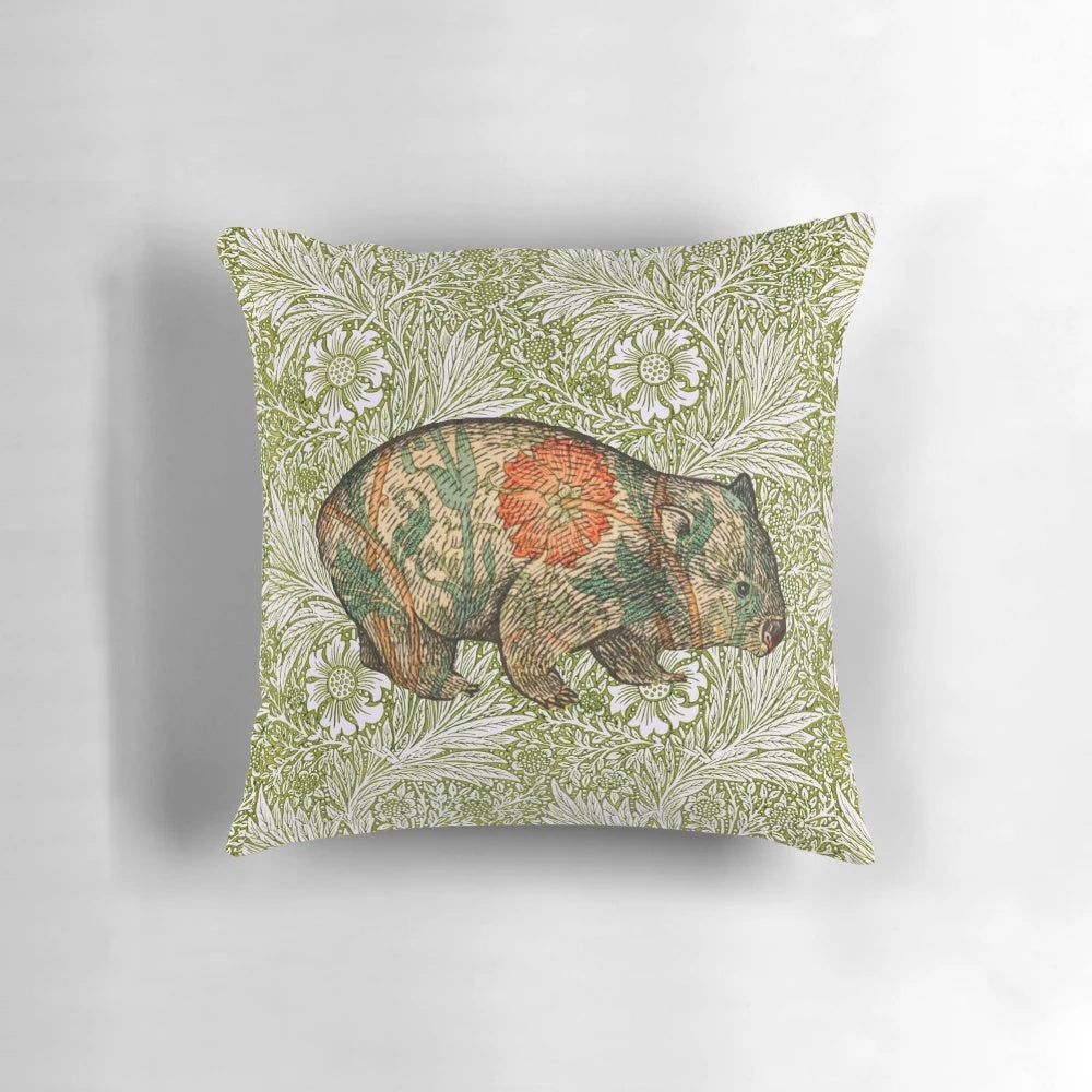 Vibrant green marigold pillow featuring a whimsical wombat illustration in the Victorian style of Dante Gabriel Rossetti