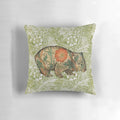 Vibrant green marigold pillow featuring a whimsical wombat illustration in the Victorian style of Dante Gabriel Rossetti