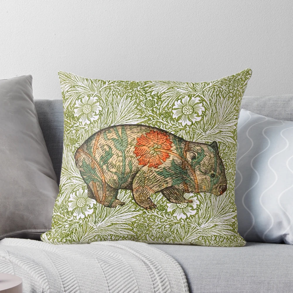 Vibrant green marigold pillow featuring a whimsical wombat illustration in the Victorian style of Dante Gabriel Rossetti