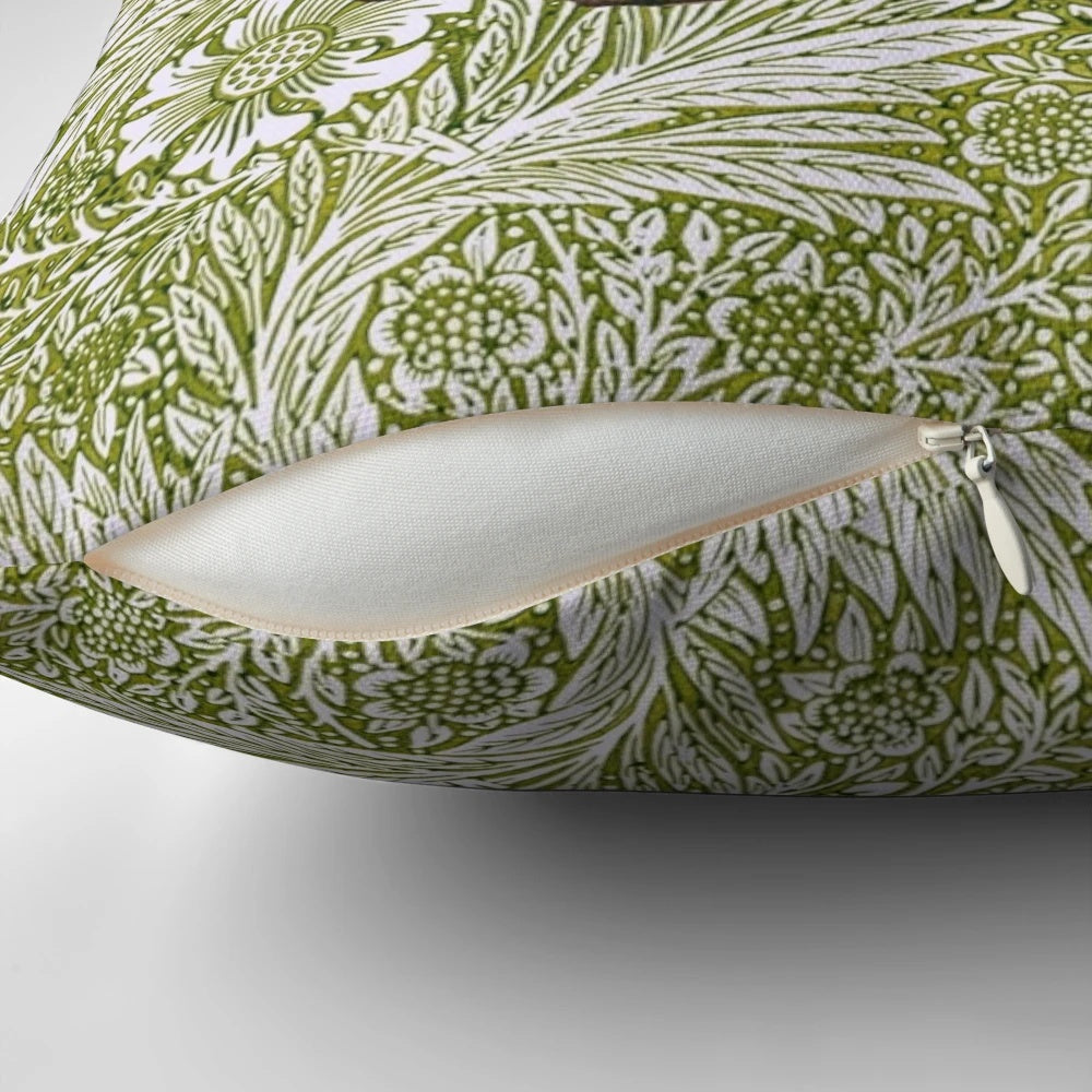 Vibrant green marigold pillow featuring a whimsical wombat illustration in the Victorian style of Dante Gabriel Rossetti