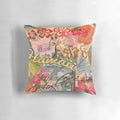 Colorful vintage-style Hawaii tropical collage design on a pillow, featuring palm trees, hibiscus flowers, and a hula girl silhouette.