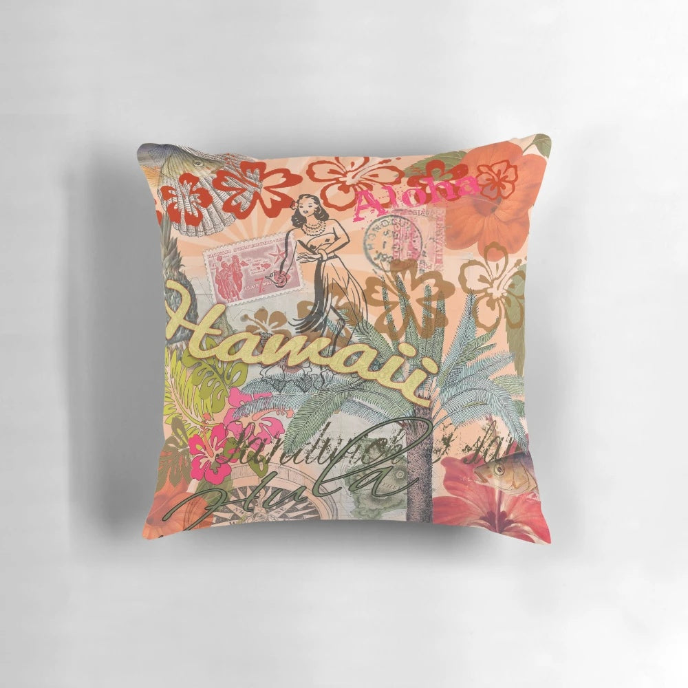 Colorful vintage-style Hawaii tropical collage design on a pillow, featuring palm trees, hibiscus flowers, and a hula girl silhouette.