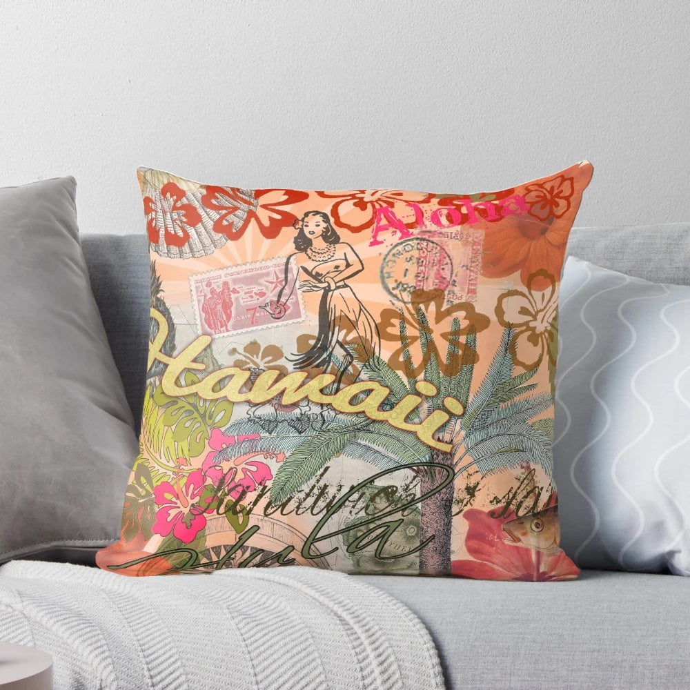 Colorful vintage-style Hawaii tropical collage design on a pillow, featuring palm trees, hibiscus flowers, and a hula girl silhouette.