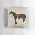 Vintage-style illustration of a saddled riding horse in black, white, and vibrant colors