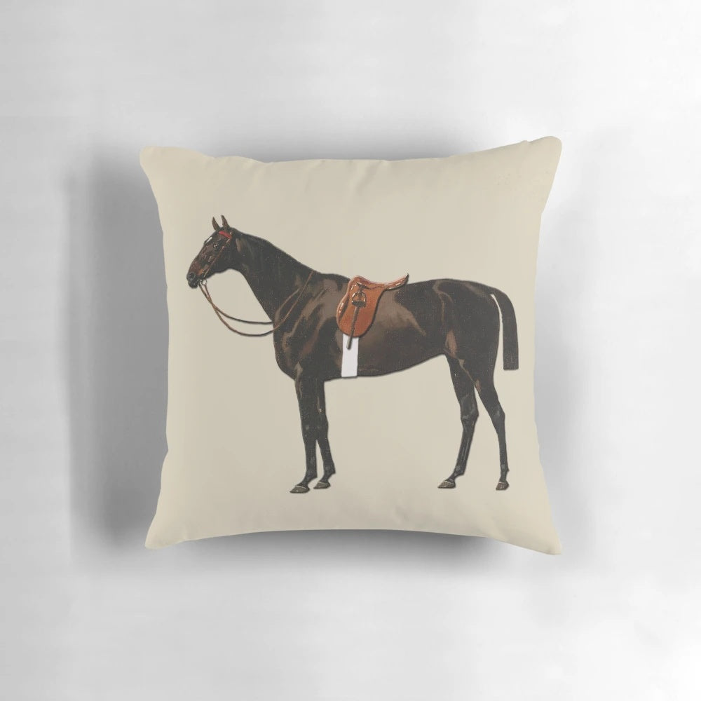 Vintage-style illustration of a saddled riding horse in black, white, and vibrant colors