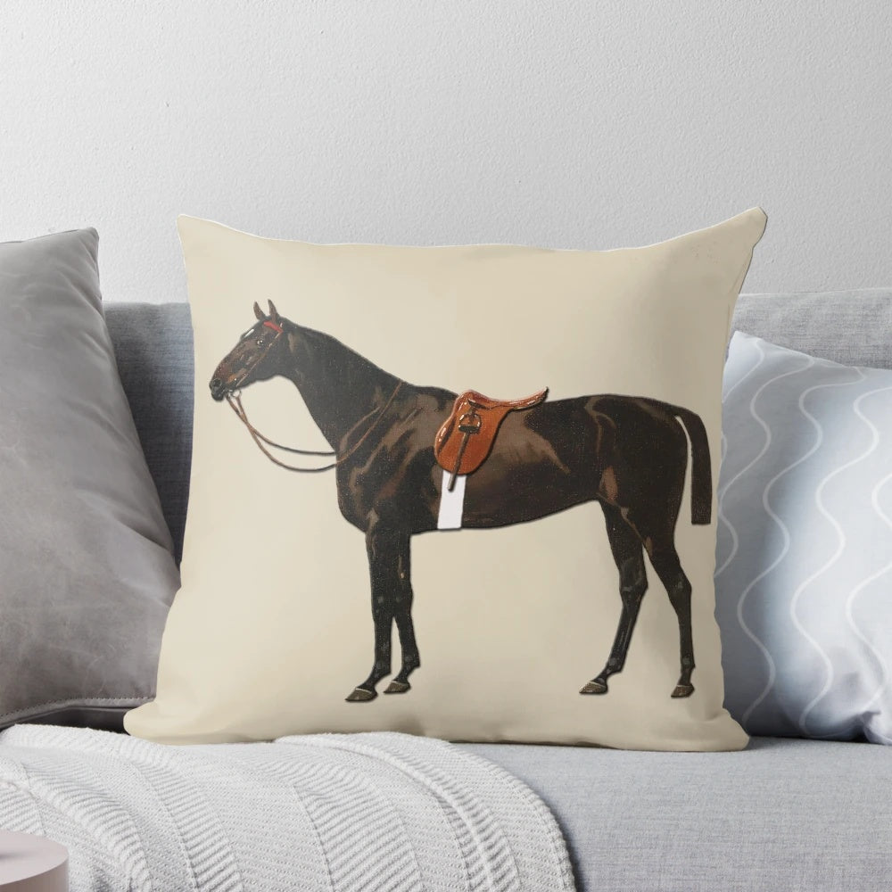 Vintage-style illustration of a saddled riding horse in black, white, and vibrant colors