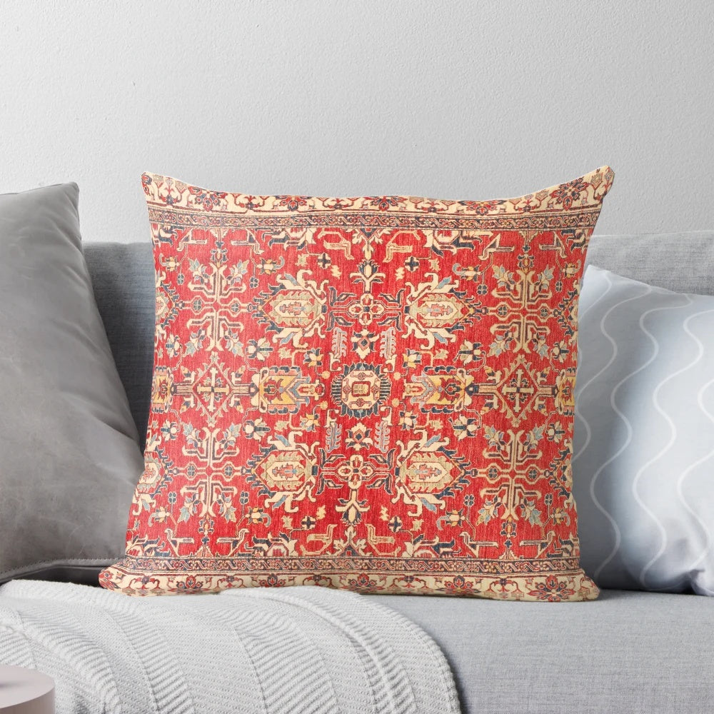 Closeup of a vibrant, vintage-inspired Turkish textile pillow with a traditional woven pattern