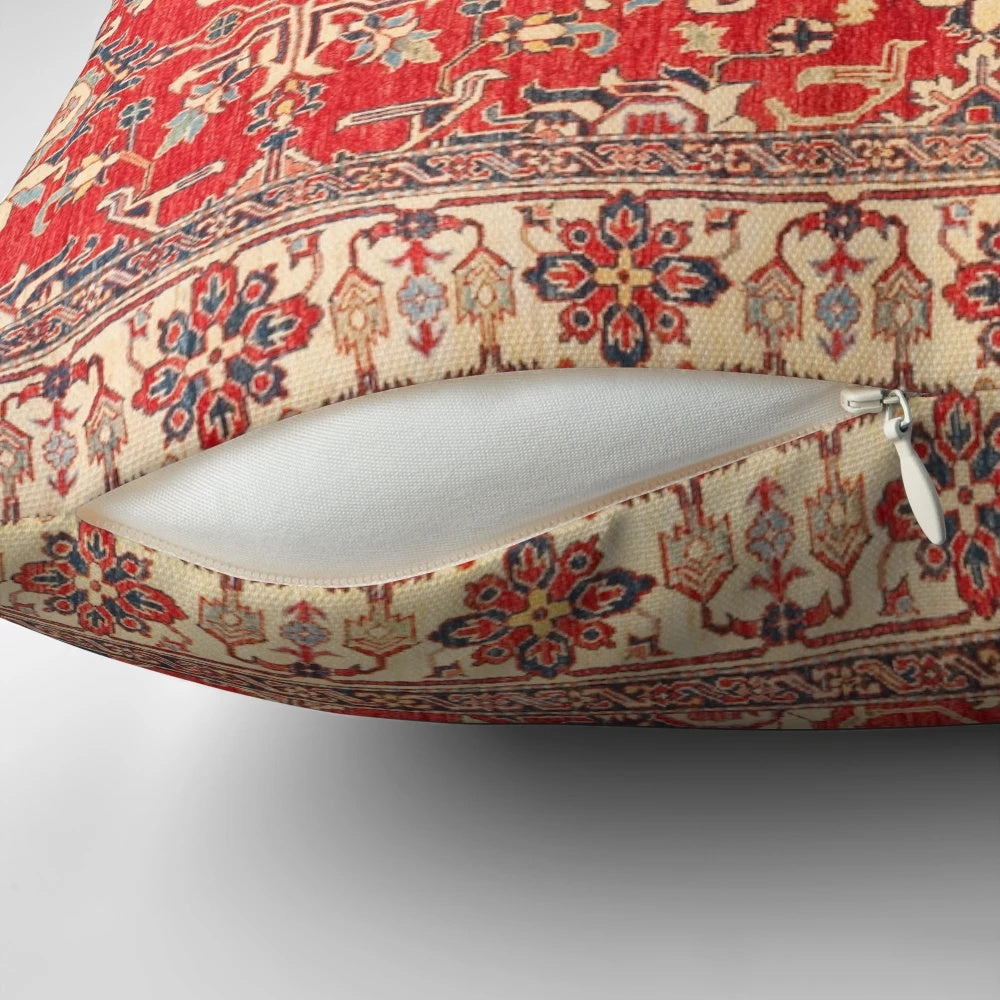 Closeup of a vibrant, vintage-inspired Turkish textile pillow with a traditional woven pattern
