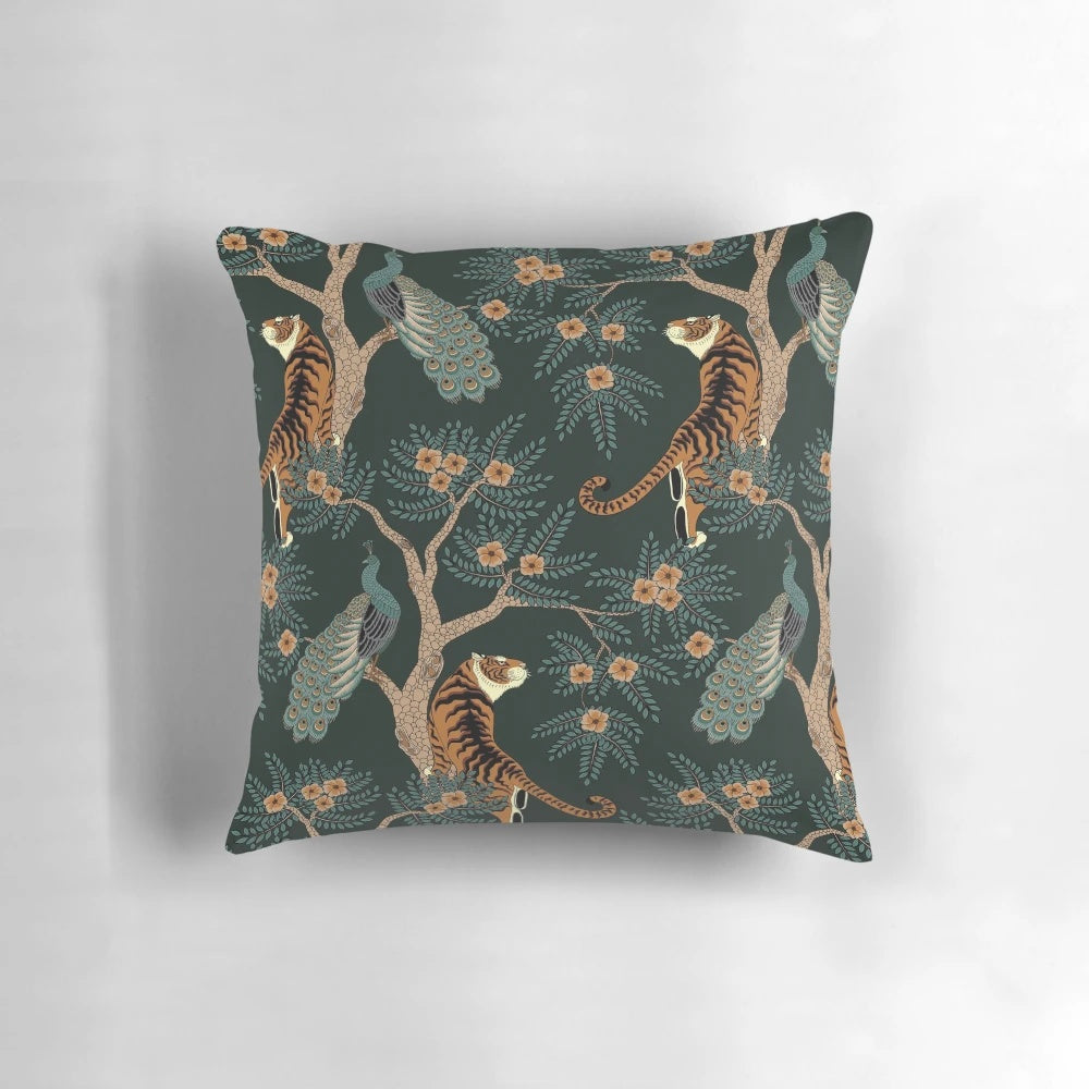 Vintage-style pillow featuring a digital print of a tiger and peacock in a lush jungle setting