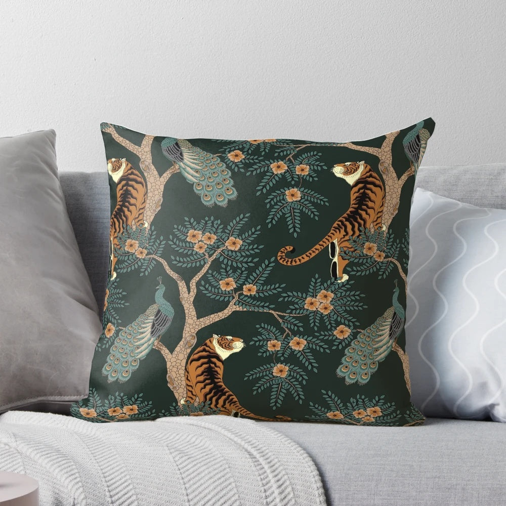 Vintage-style pillow featuring a digital print of a tiger and peacock in a lush jungle setting