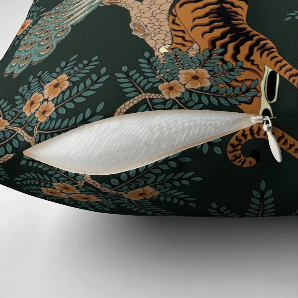 Vintage-style pillow featuring a digital print of a tiger and peacock in a lush jungle setting