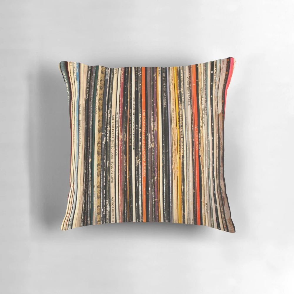 Decorative throw pillow featuring a vibrant, abstract photograph of a vinyl record collection