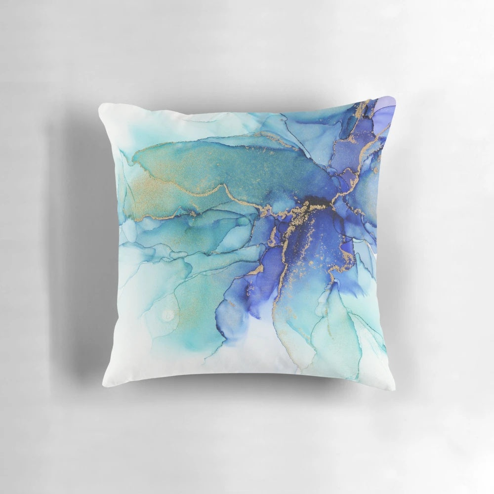 Vivid abstract artwork featuring flowing violet and turquoise ink on the Pillow POD product.