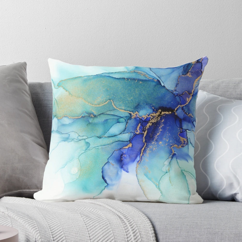 Vivid abstract artwork featuring flowing violet and turquoise ink on the Pillow POD product.