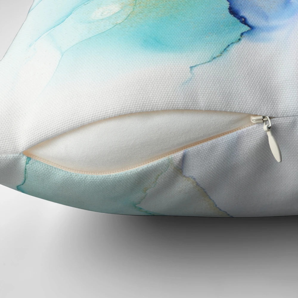Vivid abstract artwork featuring flowing violet and turquoise ink on the Pillow POD product.