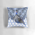 A decorative throw pillow featuring an abstract, nature-inspired pattern of a vulturine guinea fowl in shades of blue, grey, black, and white.