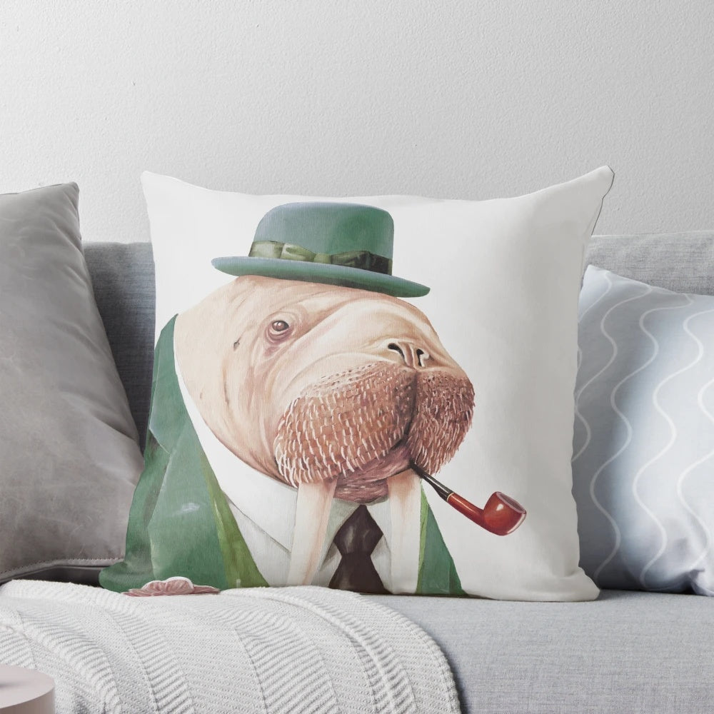 A lush, green pillow featuring a whimsical walrus illustration, perfect for adding a touch of nautical style to any room.