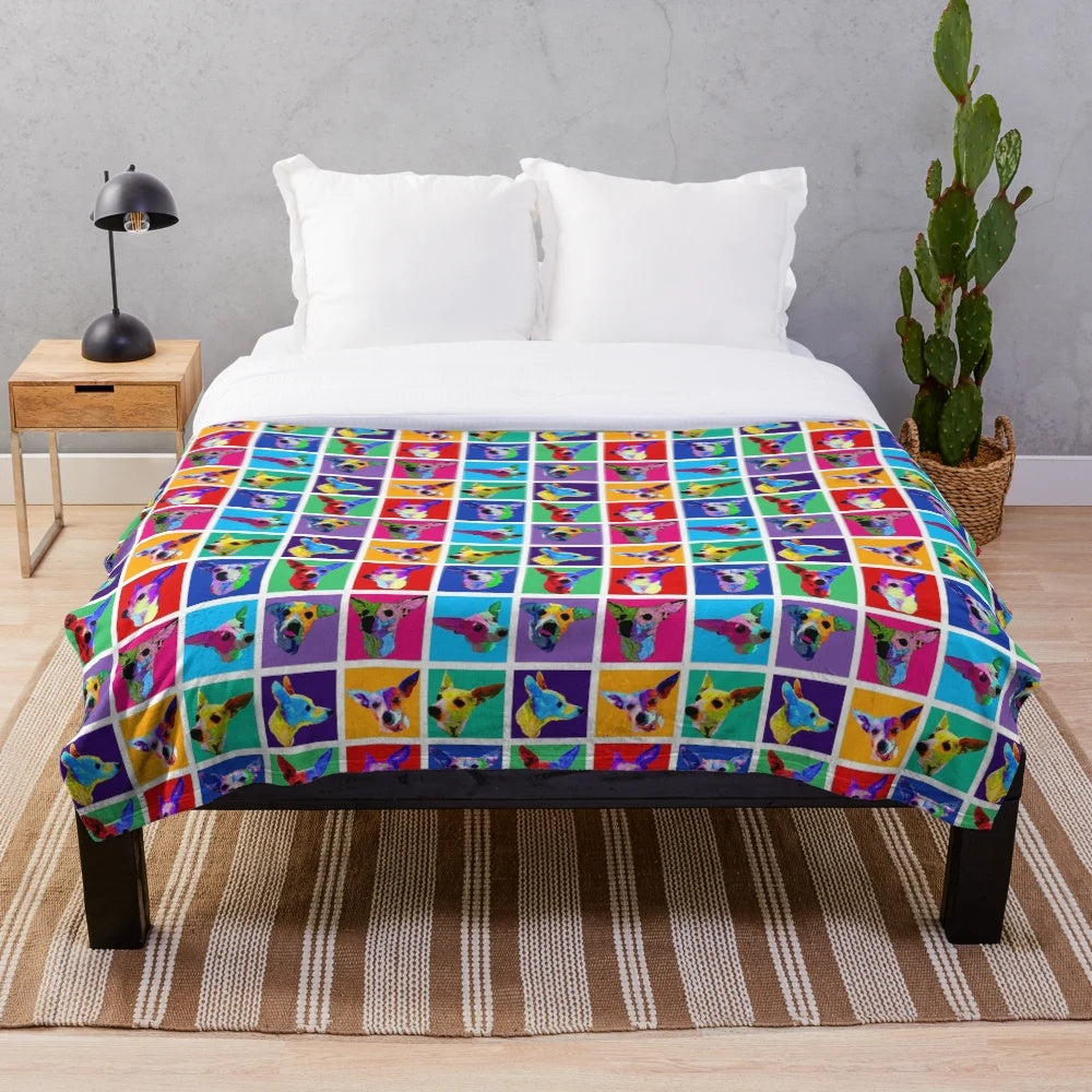 Colorful plush blanket featuring a Warhol-inspired dog design