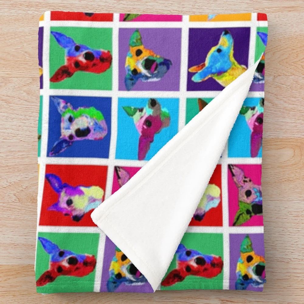 Colorful plush blanket featuring a Warhol-inspired dog design