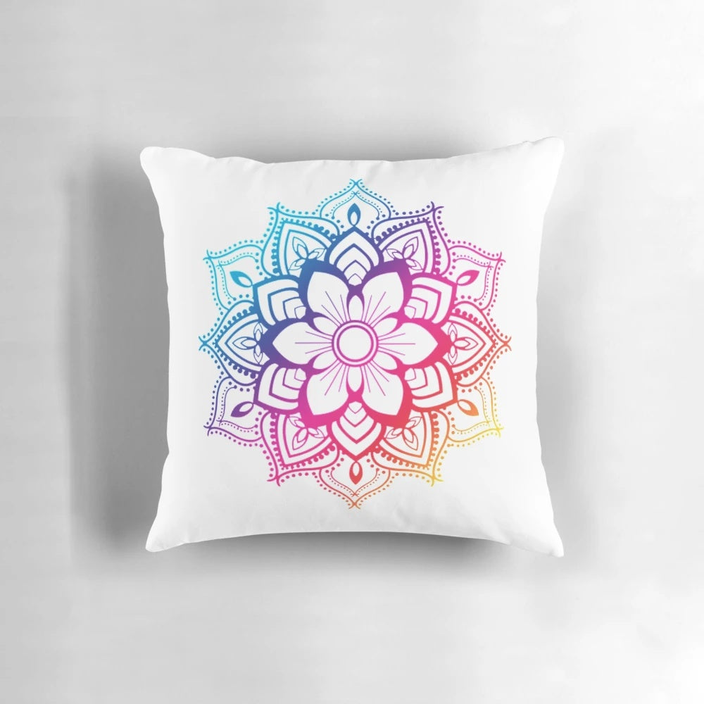 Colorful mandala pattern pillow with warm tones and pastel colors