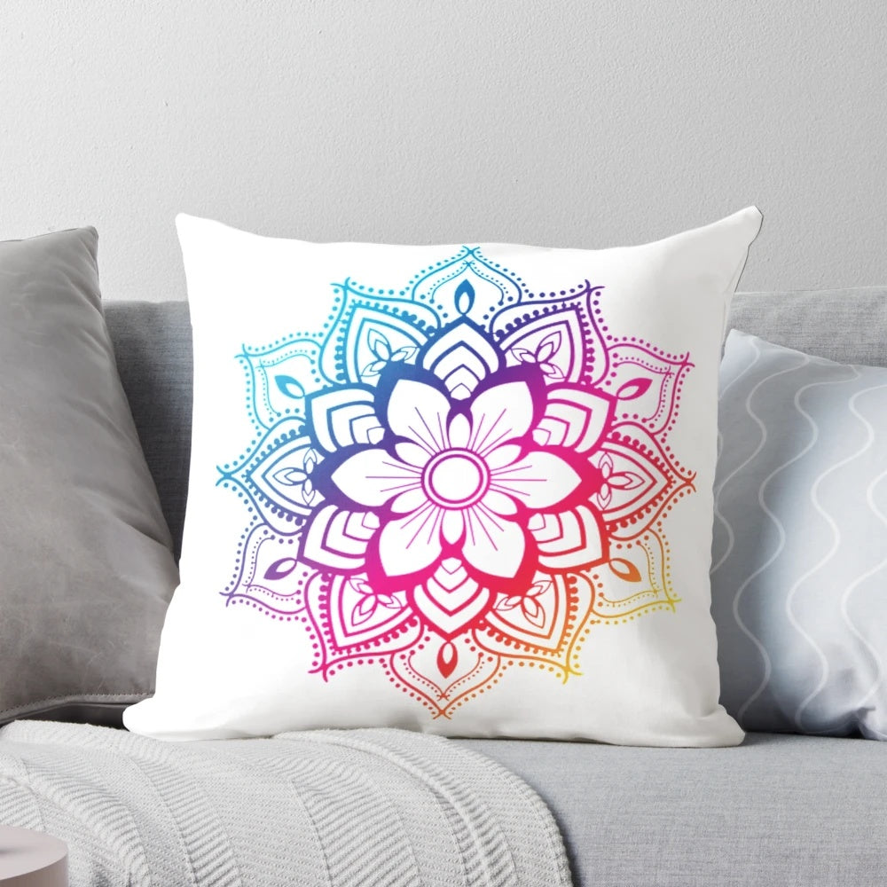 Colorful mandala pattern pillow with warm tones and pastel colors