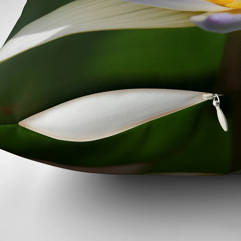 A colorful and artistic water lily flower printed on a decorative throw pillow.